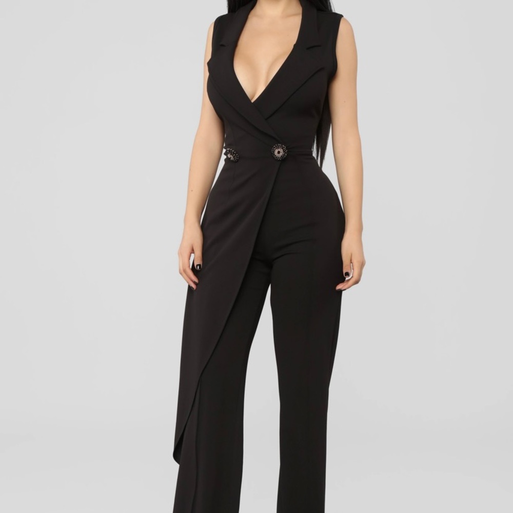 Brand New - Black, collared, sleeveless, deep v neck, front wrap jumpsuit